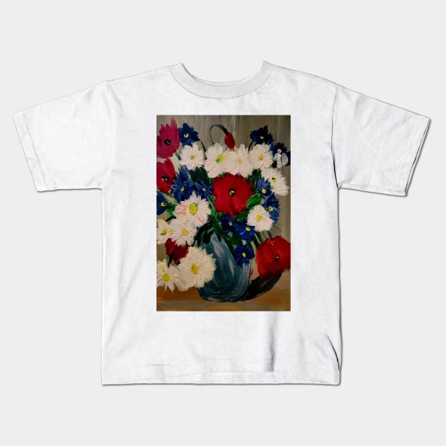 lovely vibrant bouquet of flowers in a silver vase Kids T-Shirt by kkartwork